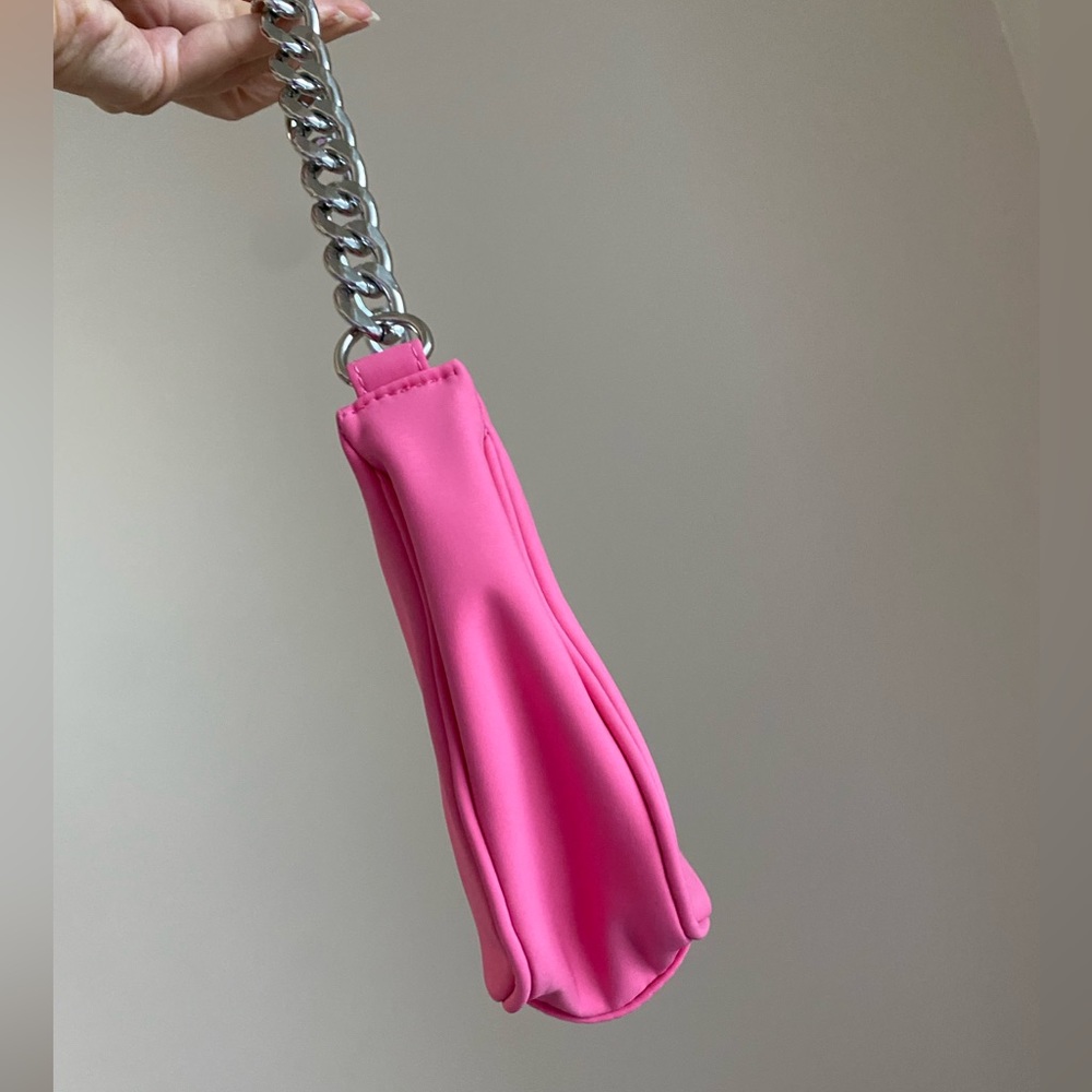 Nylon Curved 90s Shoulder Bag Purse Handbag with Silver Chain Strap Pink - Picture 5 of 12